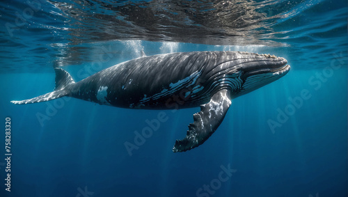 A whale swims underwater.