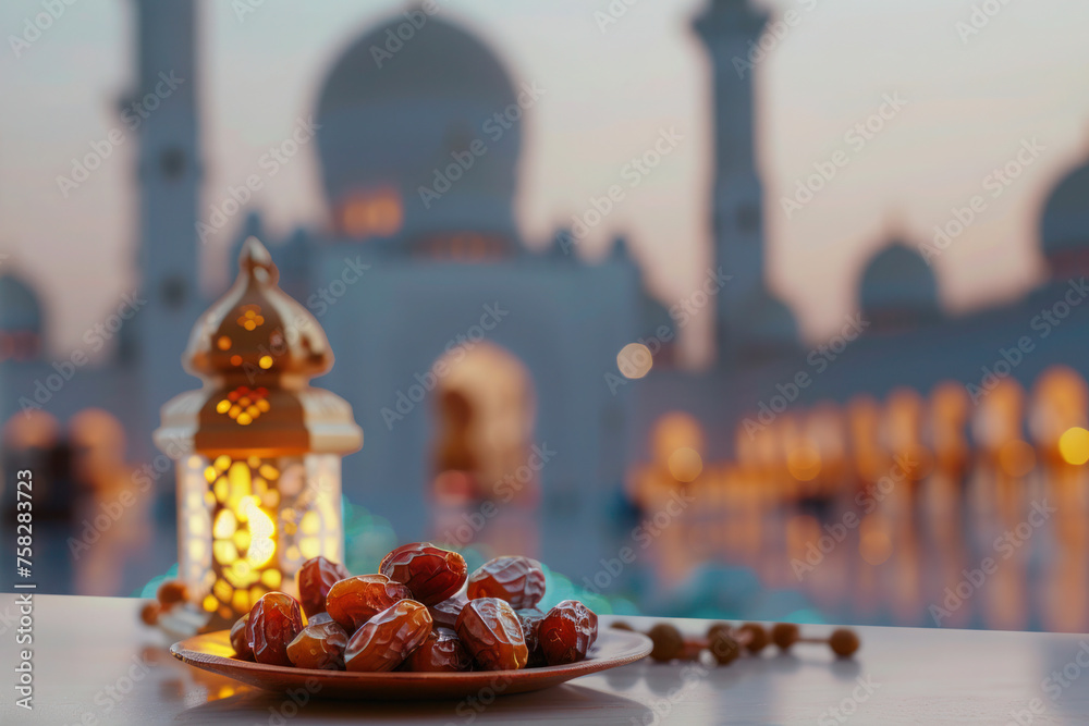 Ramadan symbols such as lantern, date fruits and wooden rosary - obrazy, fototapety, plakaty 