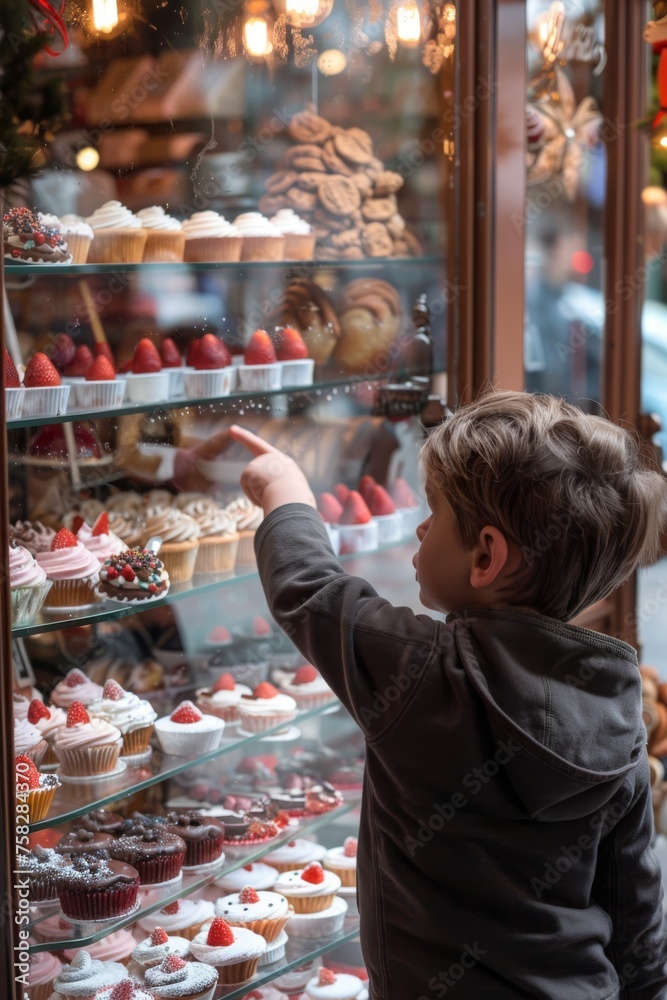 view from behind of a child watching at a charming bakery window display filled treats 
