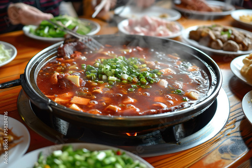 A plate of hot pot, one of the most popular dishes in China, especially in Sichuan Province or Chongqing. People cook in and eat from a simmering pot of soup stock (broth)  photo