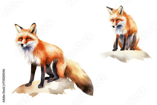 sit cute portrait wildlife red fur element paws black watercolor wildlife fox animal mammal collection red animal wild hunt set furry fox jump illustration pose background white