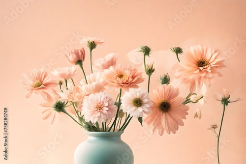 A collection of delicate, pastel-colored flowers arranged in a vase on a soft, pastel peach background with a subtle gradient effect © momina
