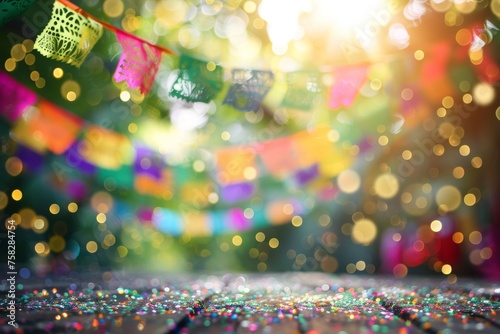 A blurred background of an outdoor Mexican fiesta The foreground is filled with glittering sequins on black fabric Generative AI photo