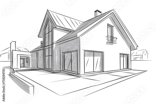 Modern Home Sketch, Contemporary Architecture Design Concept, Residential House Drawing - Isolated on White Transparent Background 