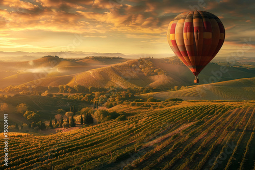 A hot air balloon floating above rolling hills and vineyards