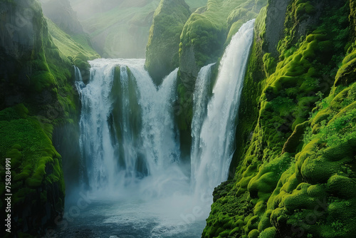 A majestic waterfall cascading down moss-covered rocks