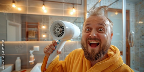 Morning Gust of Glee: A Man's Playful Battle with a Hairdryer, Capturing the Joy and Humor of Daily Routines, Generative AI
