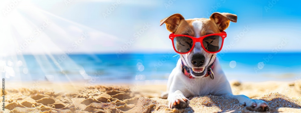Funny dog wearing red sunglasses laying in the sand at the beach sea on vacation. Sunny ocean shore. Summer holiday by the sea