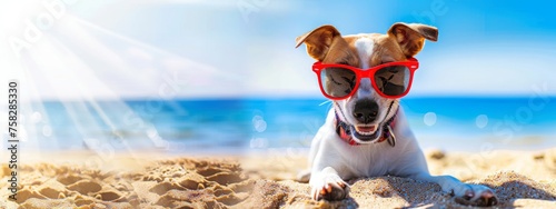 Funny dog wearing red sunglasses laying in the sand at the beach sea on vacation. Sunny ocean shore. Summer holiday by the sea © JovialFox