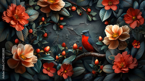 A serene scene of a red bird amidst a rich tapestry of blooming flowers and foliage in a digital artwork