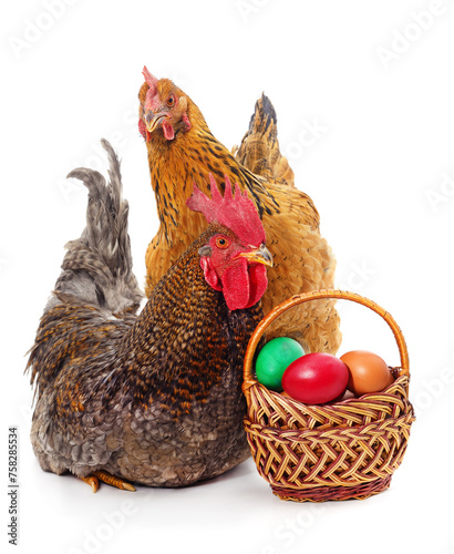 Two chickens and a basket of Easter eggs.