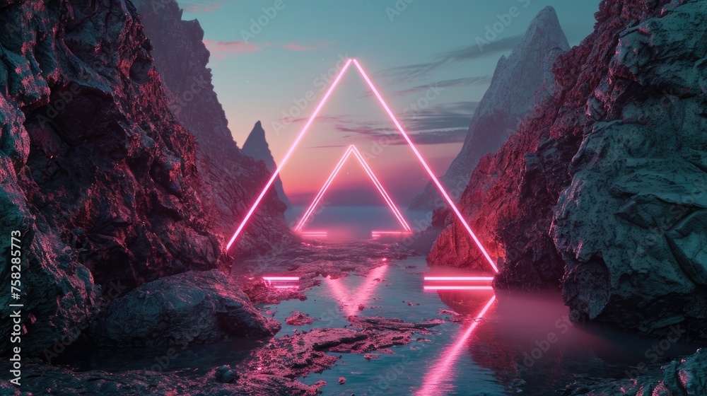 The great pink floating triangle beyond the river that surrounded with a lot amount of the tall mountains at the dawn or dusk time of the day that shine light to the every part of the picture. AIGX03. - obrazy, fototapety, plakaty 