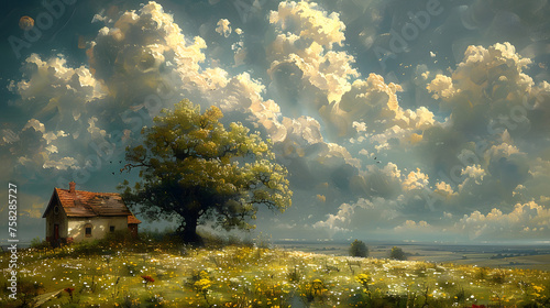 A tranquil scene with a small house under a large tree, amidst a flower-dotted field with dramatic clouds in the sky