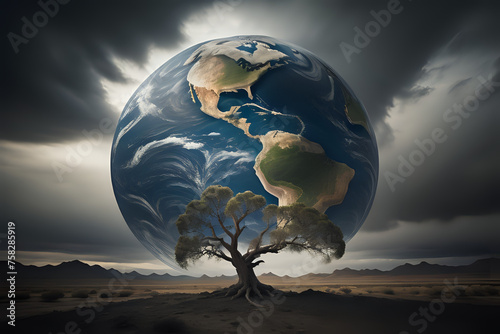 earth, tree and the desert. Climate change problem concept. Generative AI	