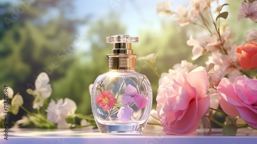 Transparent Bottle of Perfume and Colorful Flowers  