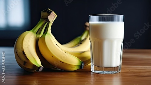 Banana milk in glass on wooden table with bananas in the background