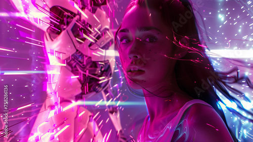 Girl in a futuristic setting looking away from a tech screen