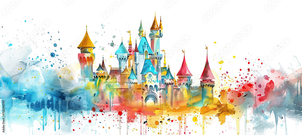 Simple watercolor Fairy tale castle Isolated on white background