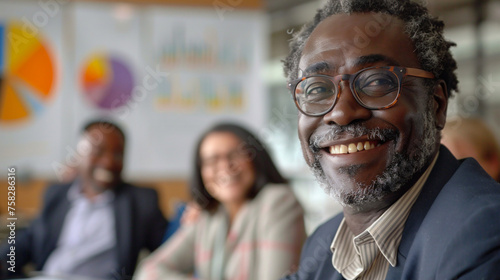 Smiling diverse colleagues gather in boardroom brainstorm discuss financial statistics together.