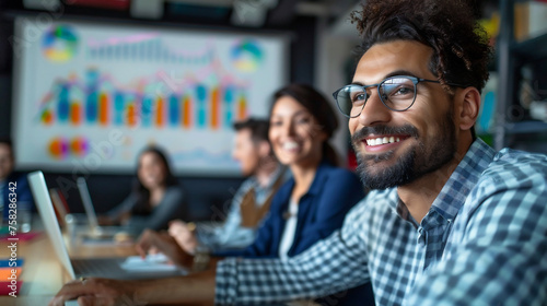 Smiling diverse colleagues gather in boardroom brainstorm discuss financial statistics together.