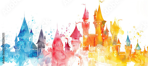 Simple watercolor Fairy tale castle Isolated on white background photo