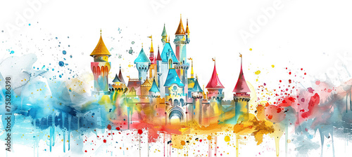 Simple watercolor Fairy tale castle Isolated on white background