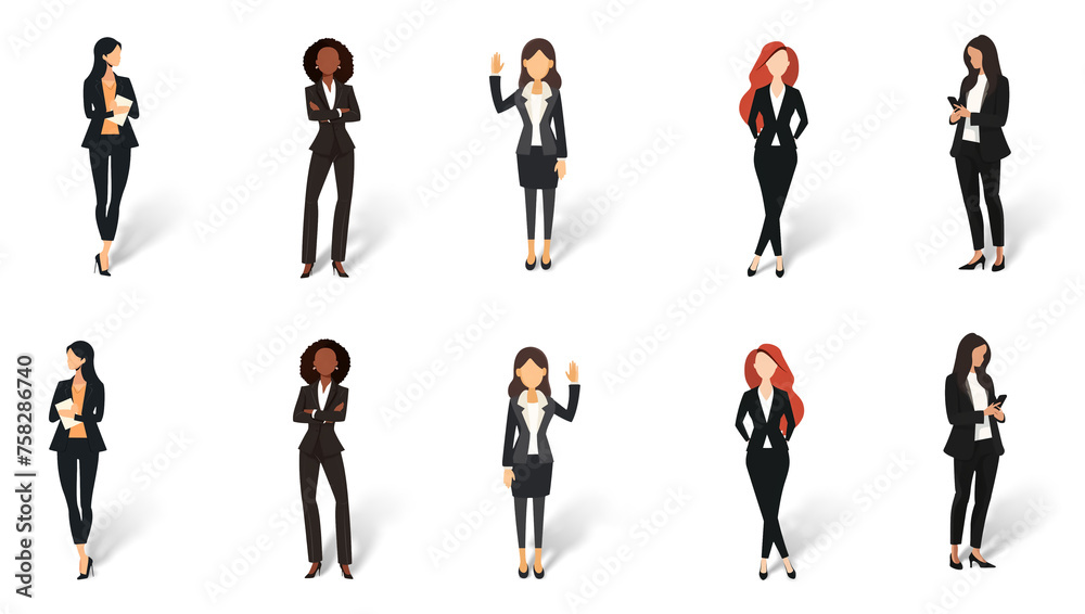 Set of minimal flat drawing illustrations - different women in business clothes, transparent background with shadow, facing both ways. Generative AI	