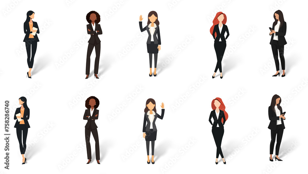 Set of minimal flat drawing illustrations - different women in business clothes, transparent background with shadow, facing both ways. Generative AI Set of minimal flat drawing illustrations - different women in business clothes, transparent background with shadow, facing both ways. Generative AI