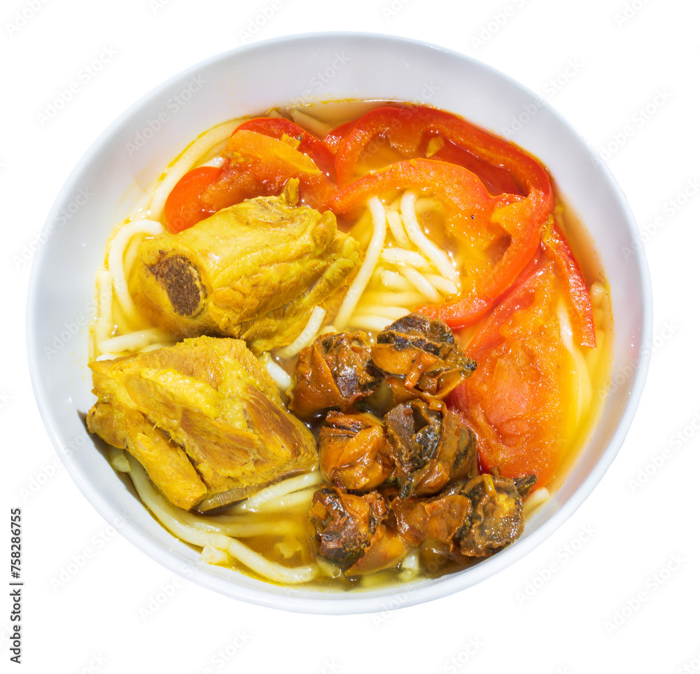 Bun oc or snail noodles, a fusion Vietnamese cuisine. Snail is stired fried with fermented fish. Pork, lemongrass, tomatoes are cooked for 4 hours to create umami broth. Served with big white noodles. Bun oc or snail noodles, a fusion Vietnamese cuisine. Snail is stired fried with fermented fish. Pork, lemongrass, tomatoes are cooked for 4 hours to create umami broth. Served with big white noodles.