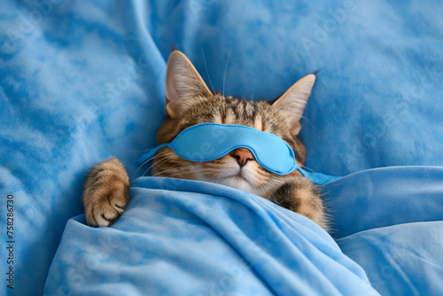 Cat sleeping in sleep mask lying in the bed. World Sleep Day concept. Rest and relax, daydreaming, healthy sleep, lazy day off concept. Cute cat in sleep bandage, wearing sleeping mask.