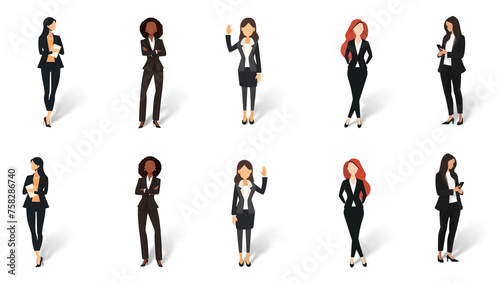 Set of minimal flat drawing illustrations - different women in business clothes, transparent background with shadow, facing both ways. Generative AI 