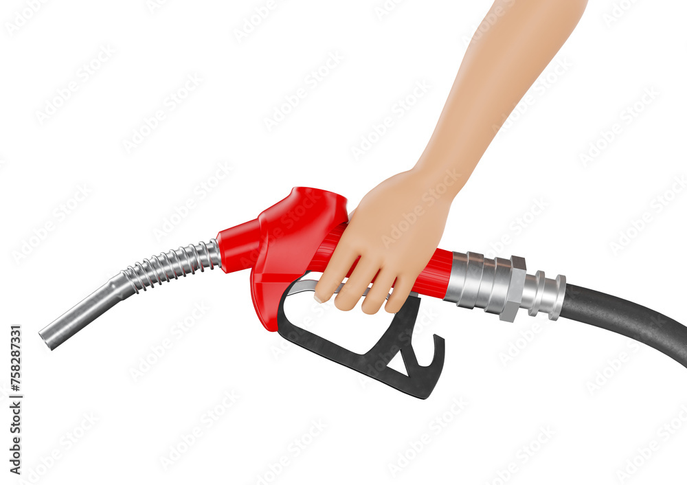 Gasoline pump nozzle in red with hand holding in realistic 3d render with transparent background Gasoline pump nozzle in red with hand holding in realistic 3d render with transparent background