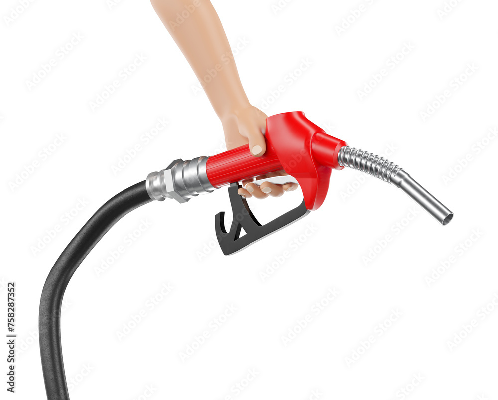 Gasoline pump nozzle in red with hand holding in realistic 3d render with transparent background Gasoline pump nozzle in red with hand holding in realistic 3d render with transparent background