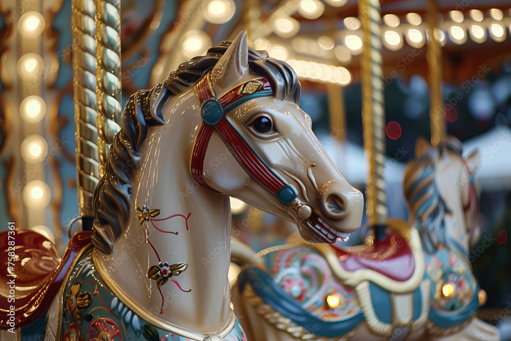 A whimsical carousel with intricately painted horses and twinkling fairy lights