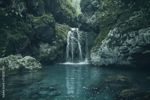 A tranquil waterfall hidden in a lush forest, surrounded by moss-covered rocks
