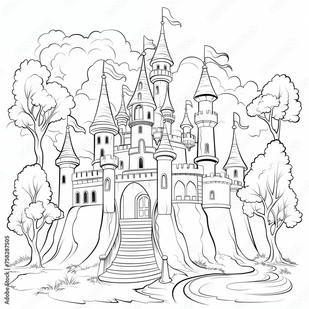 Majestic Castle in Forest With Stairs. Generative AI Majestic Castle in Forest With Stairs. Generative AI