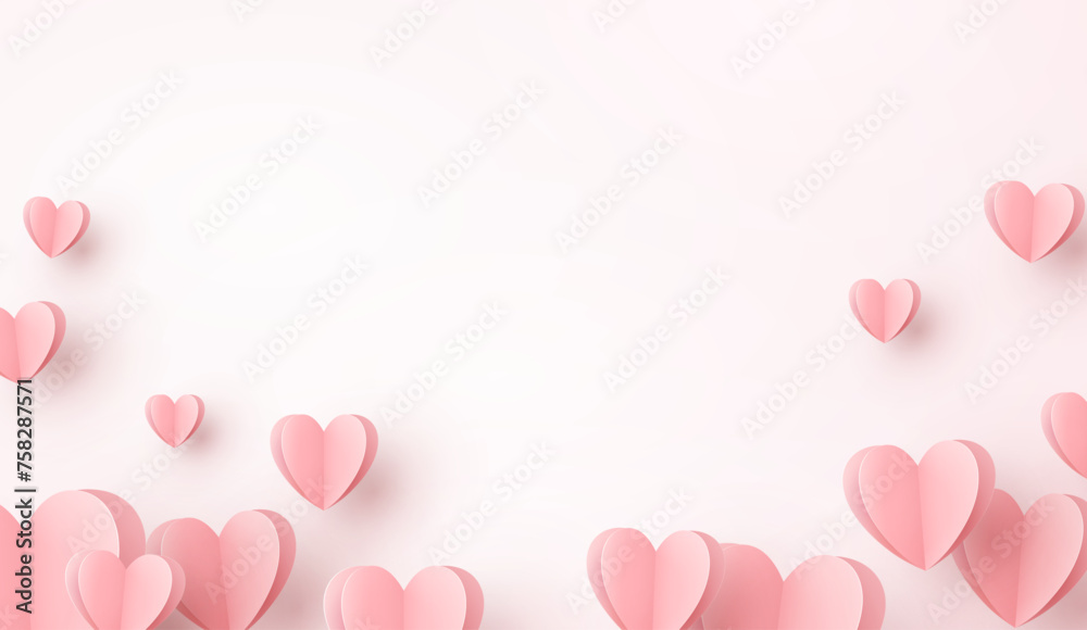 Paper elements in shape of heart flying on light pink background. Vector symbols of love for Happy Women's, Mother's, Valentine's Day, birthday greeting card design
