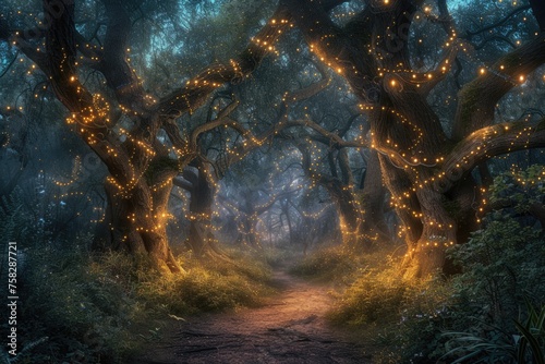 An enchanted forest with magical creatures  glowing plants  ancient trees  a hidden fairy village  mystical ambiance. Resplendent.