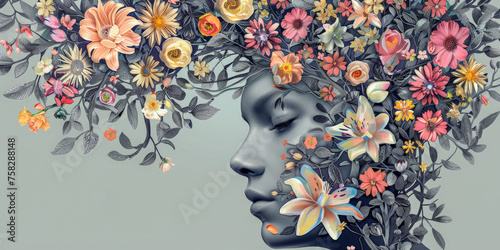 woman face with blooming flower hairstyle, summer brain 3d concept art for editing  © WettE