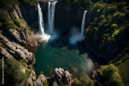 An aerial view of a waterfall cutting through a deep gorge  its powerful flow creating a mesmerizing display of nature s force