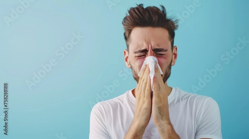 Man Sneezing and Blowing Nose with Tissue photo