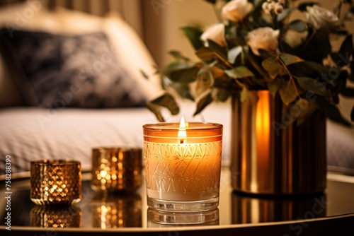 An intimate perspective capturing the soft glow and flickering flame of a scented candle