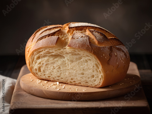 A fresh, sliced loaf of bread, captured in crisp detail, inviting the viewer to savor its wholesome aroma and texture. This simple yet essential image evokes the comfort of home baking and the timeles photo