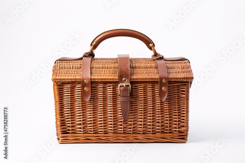 A vintage wicker picnic basket, its timeless charm enhanced by the stark white background