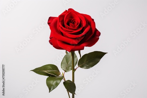 A vibrant red rose  its velvety petals standing out against the stark white backdrop