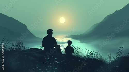 Father and son admire the beautiful landscape. Father s Day. AI generation.