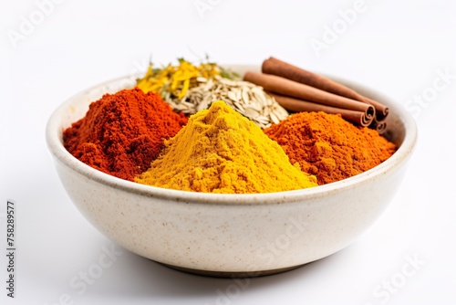 A detailed shot showcasing the vibrant colors and textures of a bowl of assorted spices, including cinnamon, turmeric, and paprika, against a pristine white backdrop