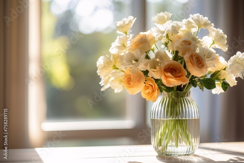 Detailed shot capturing the simplicity and elegance of a clear glass vase filled with freshly cut flowers, with sunlight streaming through the petals