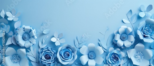 A blue background with a bunch of flowers on it. With empty space for text. Mother's day concept