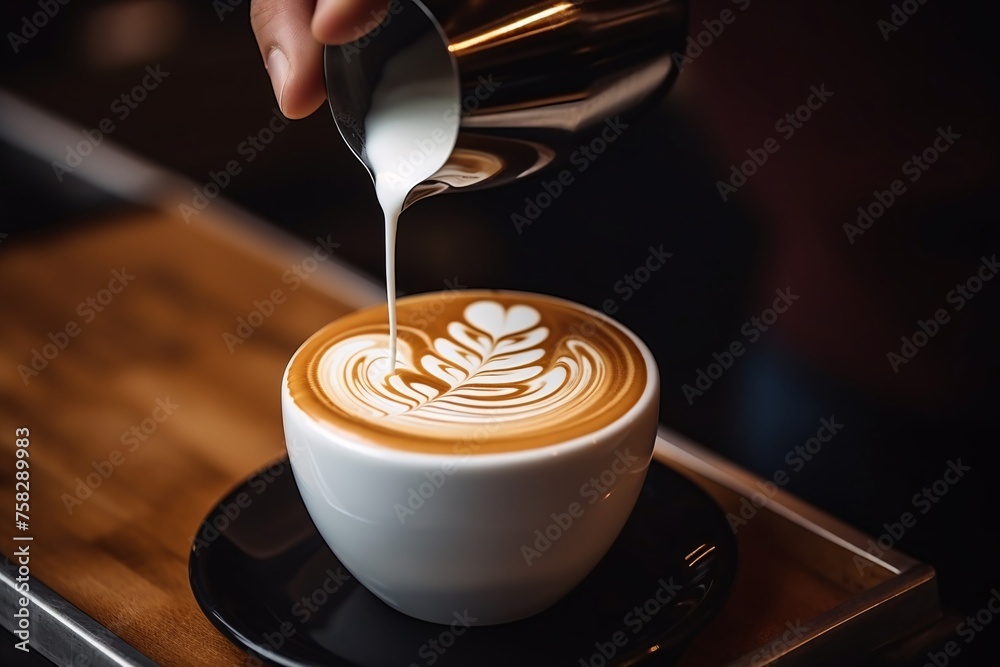 A close-up shot of a barista preparing a perfect latte art design on a freshly brewed cup of coffee, with frothy milk swirling into intricate patterns - obrazy, fototapety, plakaty 